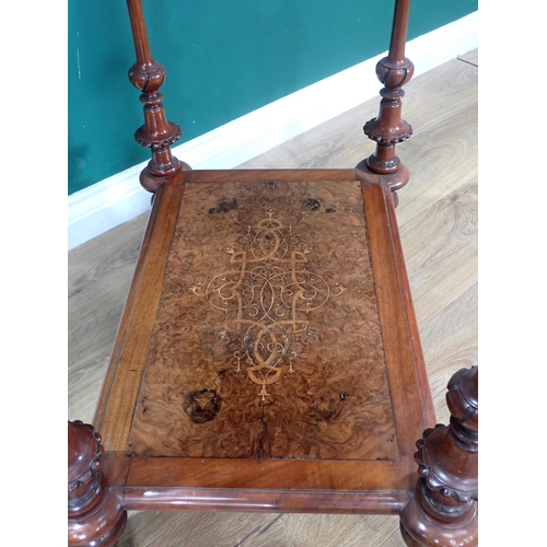 302 - A late Victorian mahogany and walnut two tier Whatnot with inlaid ebonised top and turned supports o... 