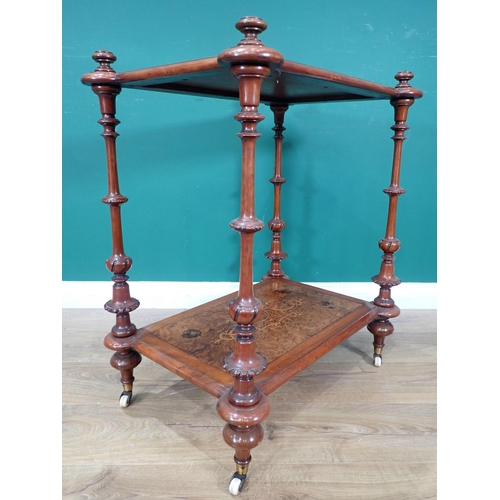 302 - A late Victorian mahogany and walnut two tier Whatnot with inlaid ebonised top and turned supports o... 