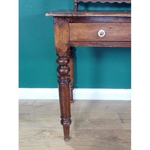 307 - A hardwood Table fitted three drawers on turned supports, a set of oak Wall Shelves and a piece of c... 