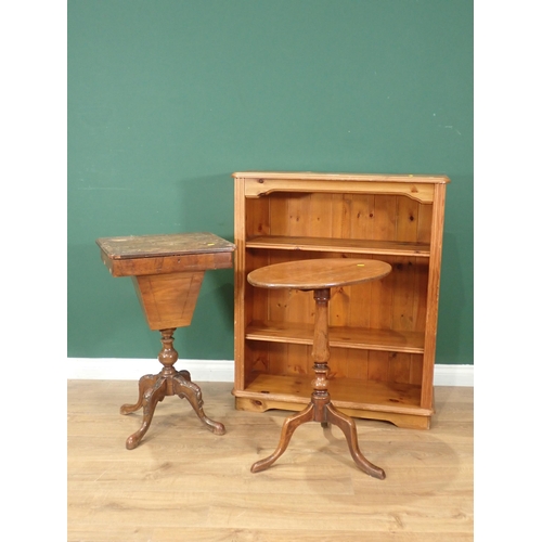 315 - A 19th Century mahogany oval Pillar Table, a walnut Work Table A/F and a modern pne open Bookcase