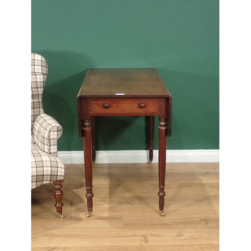 328 - A 19th Century mahogany Pembroke Table fitted frieze drawer on turned supports, 3ft and a button uph... 