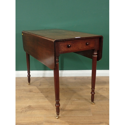 328 - A 19th Century mahogany Pembroke Table fitted frieze drawer on turned supports, 3ft and a button uph... 