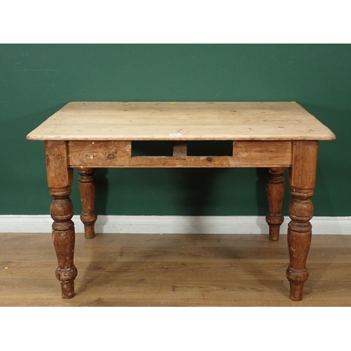 334 - A pine Scrub Top Kitchen Table on turned supports (Drawer Missing), 4ft L x 2ft 11