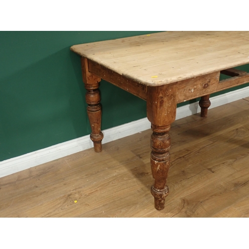 334 - A pine Scrub Top Kitchen Table on turned supports (Drawer Missing), 4ft L x 2ft 11