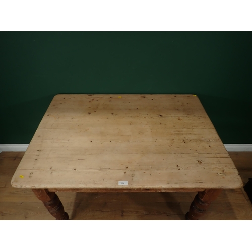 334 - A pine Scrub Top Kitchen Table on turned supports (Drawer Missing), 4ft L x 2ft 11