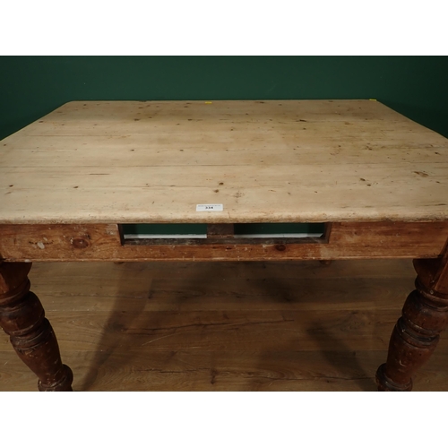 334 - A pine Scrub Top Kitchen Table on turned supports (Drawer Missing), 4ft L x 2ft 11