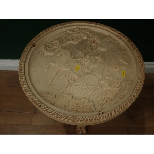 342 - A  resin Table moulded with horse and carriage scene, figures, elephants and dragons and a similar V... 