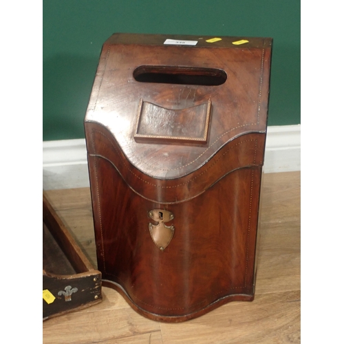 348 - A Georgian mahogany Letter Box converted from a knife box, 14in H and a Book carrier with painted de... 