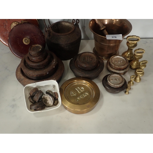 378 - A bell metal Pestle and Mortar, a cast iron Glue Pot, two leather covered Tape Measures, various Wei... 