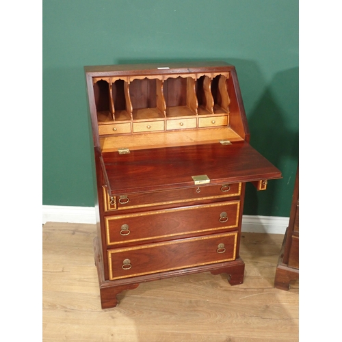 4 - A reproduction mahogany narrow Bureau with inlaid decoration and another reproduction mahogany Burea... 