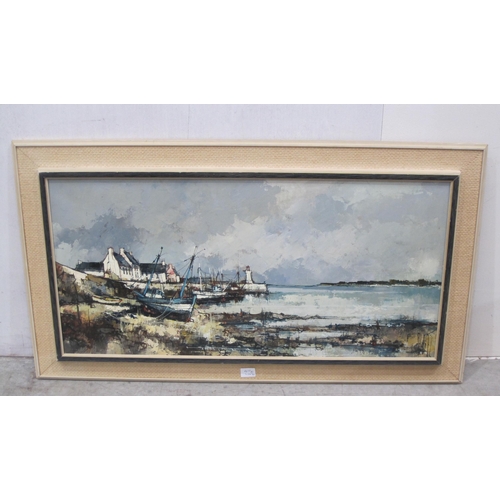 410 - ALDO. Little Harbour in Brittany, signed, oil on canvas, 16 x 31½ in; together with an oil painting ... 