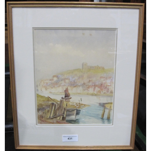 431 - ENGLISH SCHOOL. Whitby, watercolour, 14 x 8in; a watercolour depicting a continental street scene in... 