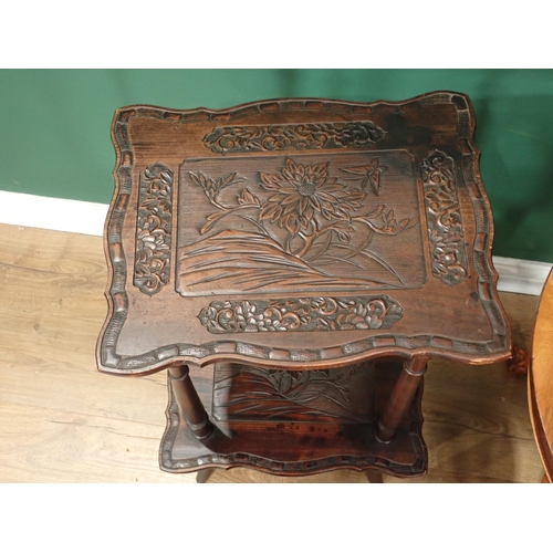 7 - A circular walnut Card Table with flip over top, a pair of walnut three tier shelves, 19in H, and a ... 