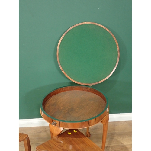 7 - A circular walnut Card Table with flip over top, a pair of walnut three tier shelves, 19in H, and a ... 