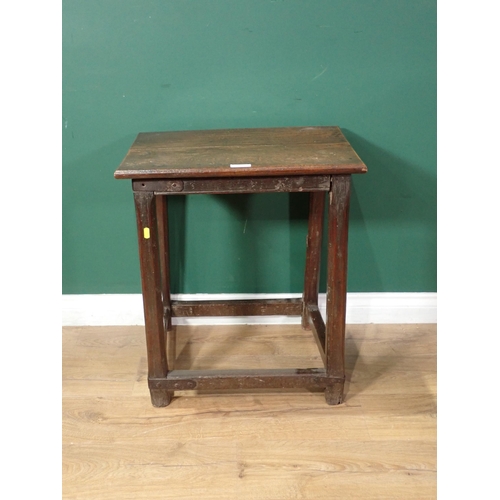 716 - An antique oak Side table with rectangular top on chamfered supports and squared stretchers, 1ft 10i... 