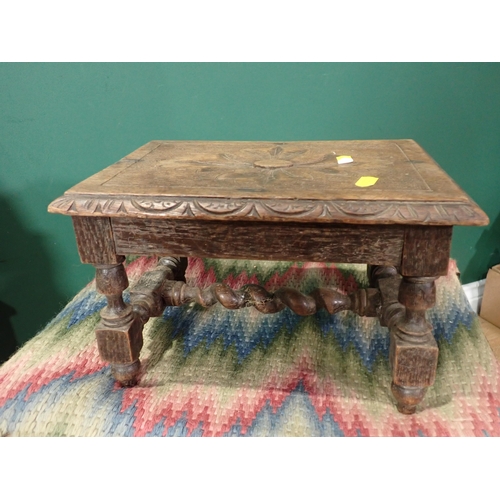 720 - A painted Luggage Stand, a folding Camp Bed, a tapestry Frame, a small carved Stool and a Dressing S... 