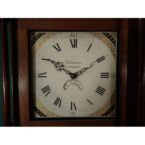 725 - An oak cased cottage Longcase Clock, the painted square dial inscribed Teddeman, Canterbury, 6ft 7in... 