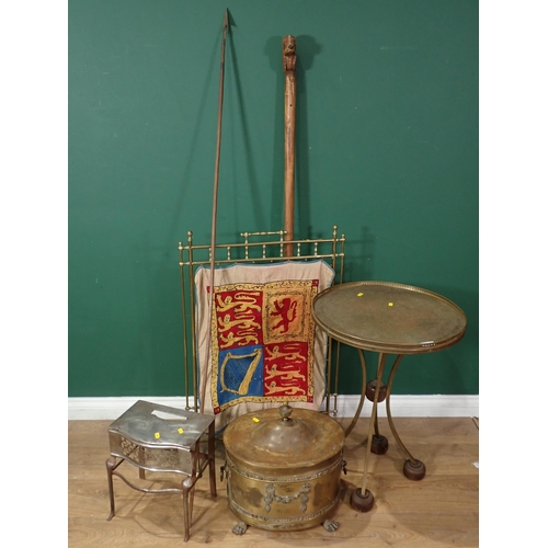 737 - An oval brass Coal Box, a brass Fire Screen, a brass top Table, a Spear, a dog head Staff and a stee... 