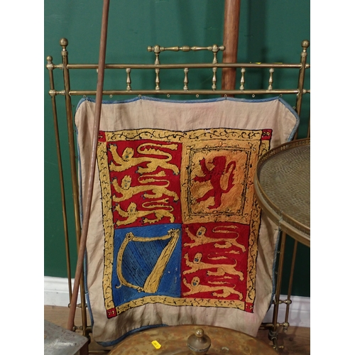 737 - An oval brass Coal Box, a brass Fire Screen, a brass top Table, a Spear, a dog head Staff and a stee... 