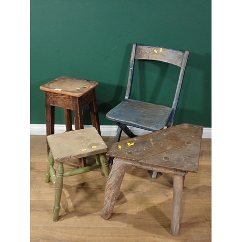 738 - A blue painted folding wooden Chair, a Stool, a green painted rustic Stool, and a triangular Table