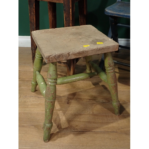 738 - A blue painted folding wooden Chair, a Stool, a green painted rustic Stool, and a triangular Table