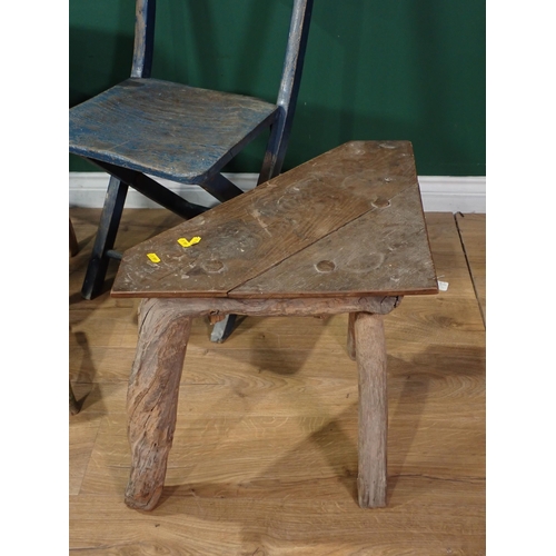 738 - A blue painted folding wooden Chair, a Stool, a green painted rustic Stool, and a triangular Table