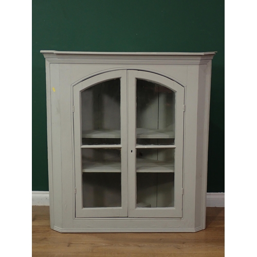 740 - A light grey painted Glazed Hanging Corner Cupboard, 3ft 4