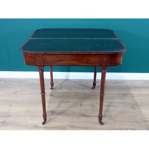 46 - A Georgian mahogany and ebony strung fold over Card Table with leather inset surface and mounted upo... 