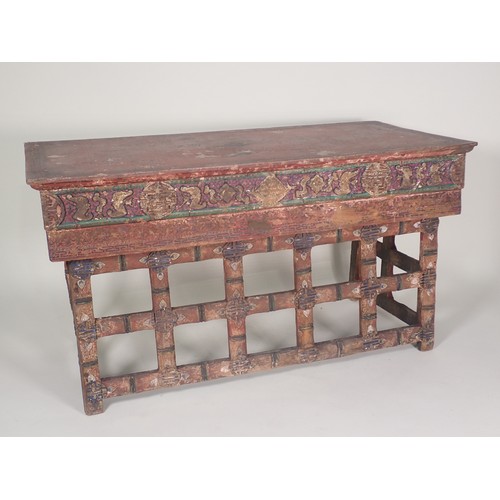 380 - A Chinese Scribe's Table with red lacquered and painted detail having two frieze drawers with slidin... 