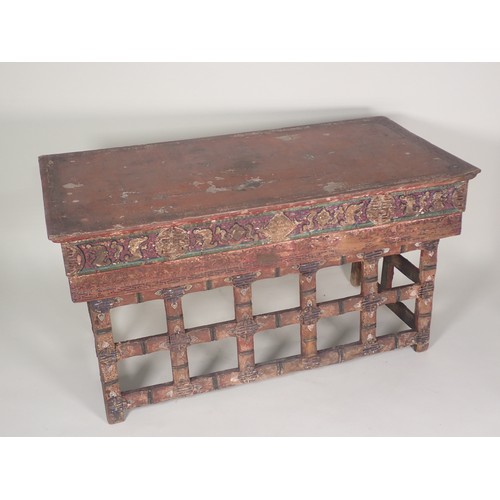 380 - A Chinese Scribe's Table with red lacquered and painted detail having two frieze drawers with slidin... 