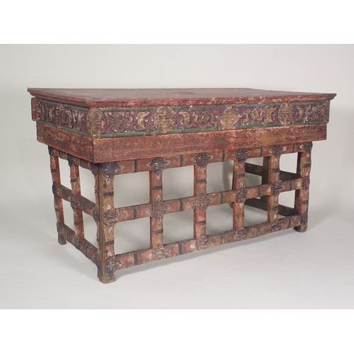 380 - A Chinese Scribe's Table with red lacquered and painted detail having two frieze drawers with slidin... 