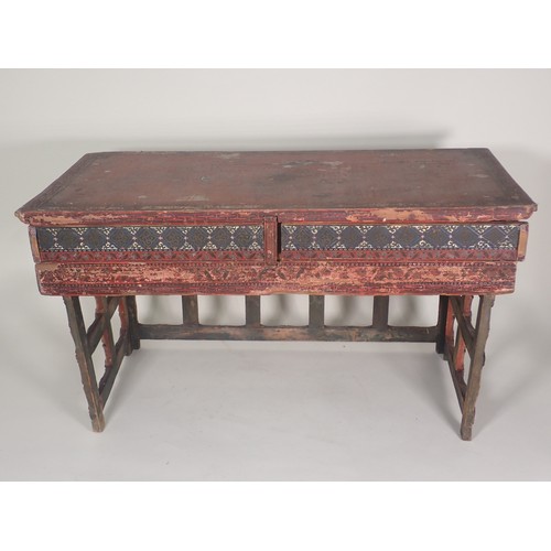 380 - A Chinese Scribe's Table with red lacquered and painted detail having two frieze drawers with slidin... 