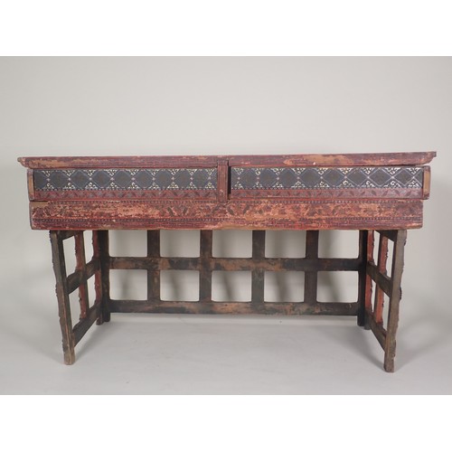 380 - A Chinese Scribe's Table with red lacquered and painted detail having two frieze drawers with slidin... 