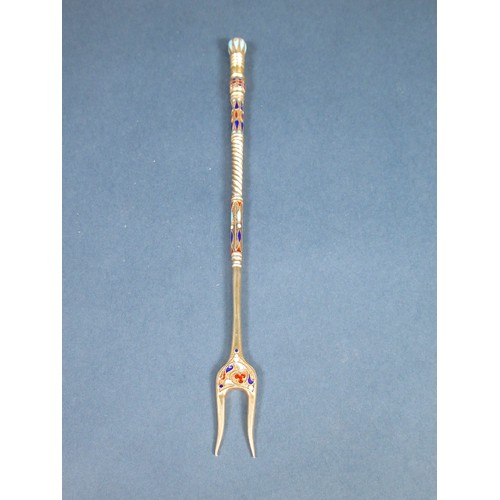 123 - A Russian silver and enamel Fork with spiral stem, blue, red and turquoise decoration, 8in