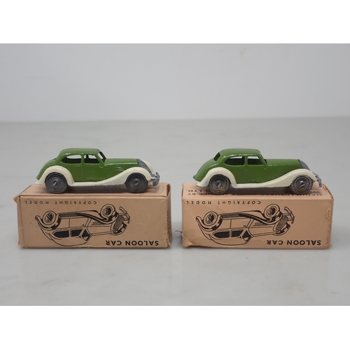 137 - Two boxed Britains Lilliput World LV/602 Saloon Cars, both green with original tissue packing