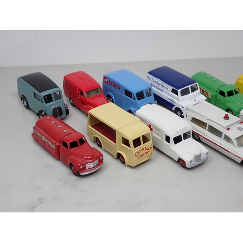 200 - Sixteen repainted Dinky Toys and Corgi Toys including Mobilgas, Benzol Tankers and Electric Dairy Va... 