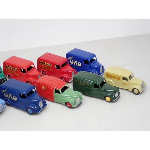 238 - Ten repainted Corgi and Dinky Toys Commercial Vans including 'Dunlop', 'Oxo', 'Hovis', etc.