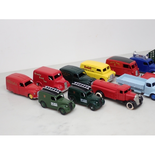 239 - Fourteen repainted Dinky Toys Commercial Vans and lorries including Farm Produce Wagons, Post Office... 