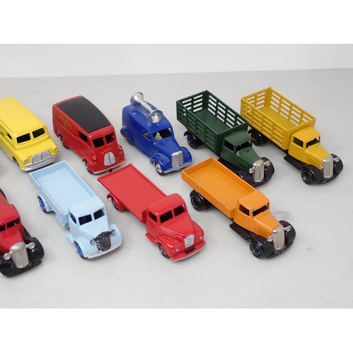 239 - Fourteen repainted Dinky Toys Commercial Vans and lorries including Farm Produce Wagons, Post Office... 