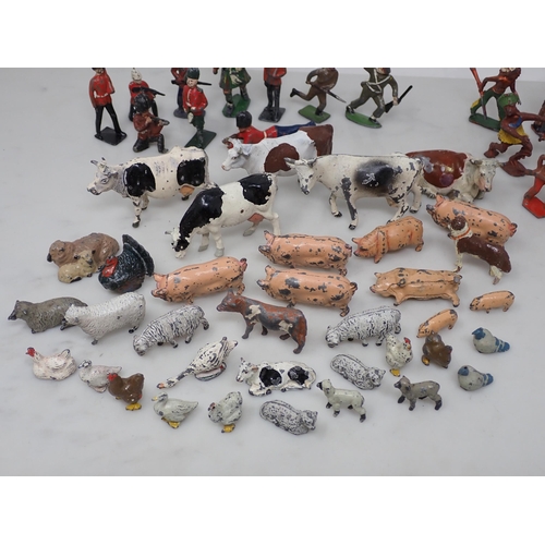 245 - Three trays of Britains diecast Farm Animals, Red Indians and Soldiers