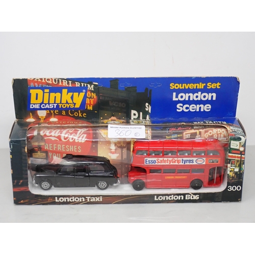 360 - A boxed Dinky Toys No.295 'Yellow Pages' Atlantean Bus and a boxed No.300 London Taxi and London Bus... 