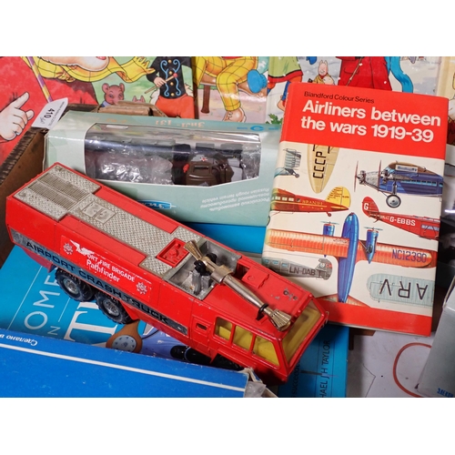 410 - Two boxes of boxed Elcom, Minichamps and other diecast Models and various Rupert Annuals and Railway... 