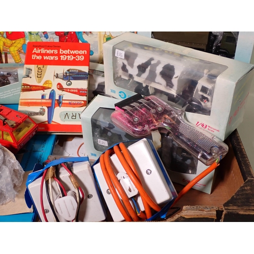 410 - Two boxes of boxed Elcom, Minichamps and other diecast Models and various Rupert Annuals and Railway... 