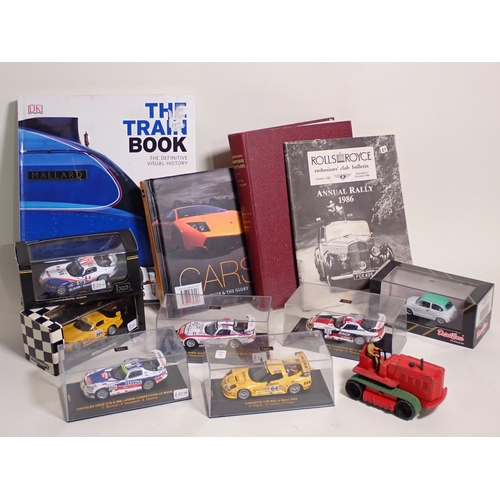 410 - Two boxes of boxed Elcom, Minichamps and other diecast Models and various Rupert Annuals and Railway... 