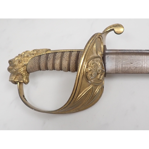 702 - A Victorian Naval Officer's Sword by Odell, Burlington Arcade, London. 30in clipped back blade in or... 