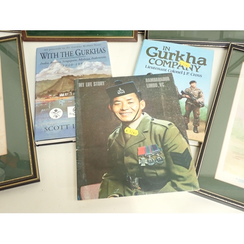 711 - Six framed Prints of Gurkha Personnel, a framed Print of Gurkha Regimental Insignia, various Books, ... 