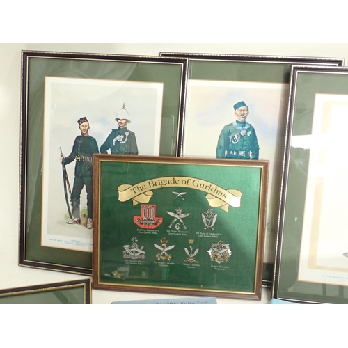 711 - Six framed Prints of Gurkha Personnel, a framed Print of Gurkha Regimental Insignia, various Books, ... 