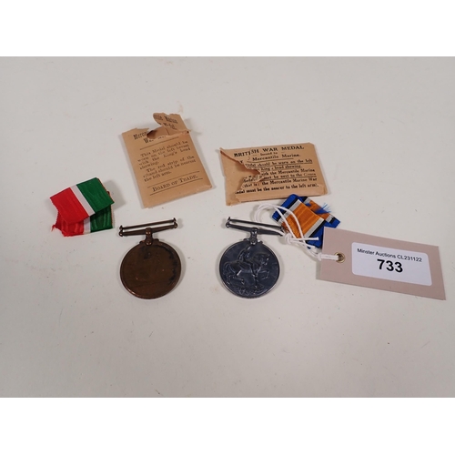 733 - Two WWI Medals comprising British War Medal and Mercantile Marine to James Miller