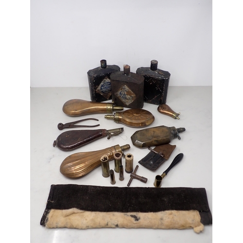 796A - Three black powder Cannisters, five Powder Flasks, a Shot Flask and a Bullet Mould