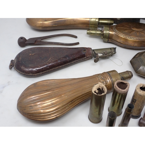 796A - Three black powder Cannisters, five Powder Flasks, a Shot Flask and a Bullet Mould